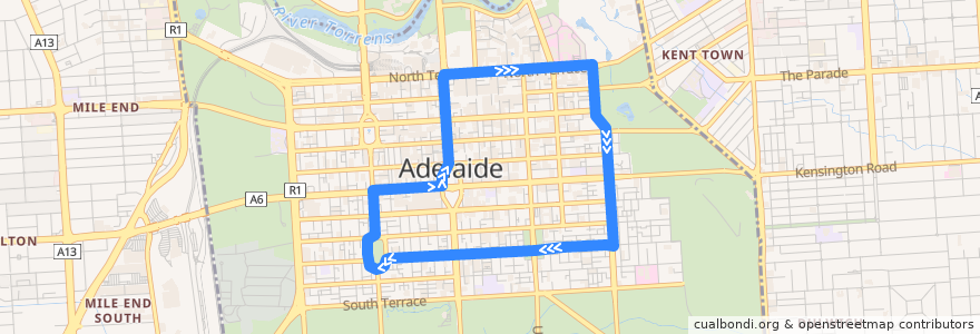 Mapa del recorrido 99C - City clockwise loop via Town Hall, Rundle Mall, State Library & Museums, Royal Adelaide Hospital and Adelaide Central Market de la línea  en Adelaide City Council.