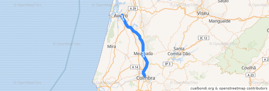 Mapa del recorrido Aveiro > Coimbra (Linha do Norte, Porto > Lisboa) - Linha 2 de la línea  en Португалия.