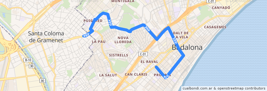 Mapa del recorrido M1 STA. COLOMA DE G. (METRO FONDO) - BADALONA (METRO PEP VENTURA) de la línea  en Бадалона.