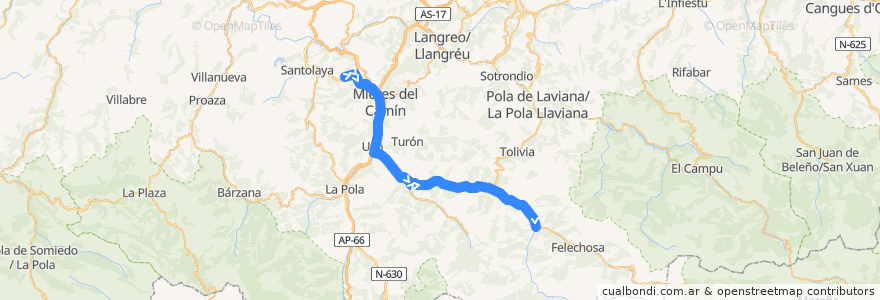 Mapa del recorrido Línea F8 Caudal - Aller de la línea  en Asturias.