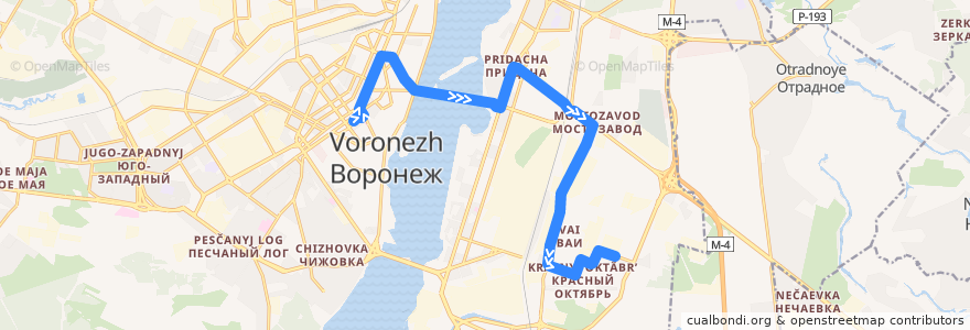 Mapa del recorrido Автобус №2Н: Кинотеатр Спартак - Институт de la línea  en Voronezh.