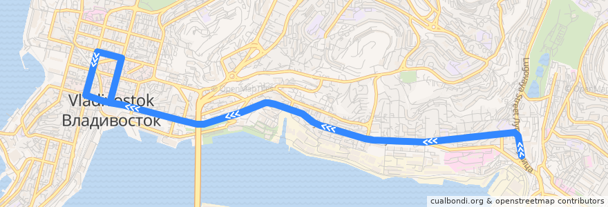 Mapa del recorrido Автобус 90: Луговая - Центр de la línea  en Stadtkreis Wladiwostok.