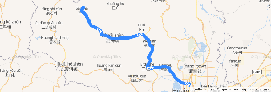 Mapa del recorrido Bus H23: 铁矿峪/洞台>于家园 de la línea  en 화이러우구.