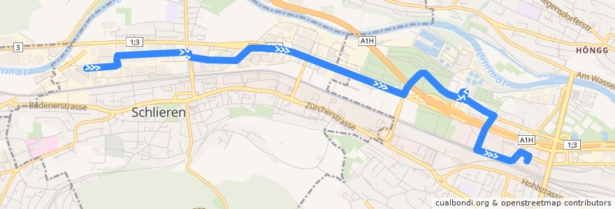 Mapa del recorrido Bus 307: Schlieren, Meuchwis → Zürich, Bahnhof Altstetten Nord de la línea  en Zürich.