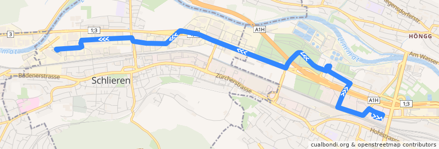 Mapa del recorrido Bus 307: Zürich, Bahnhof Altstetten Nord → Schlieren, Meuchwis de la línea  en Zurigo.