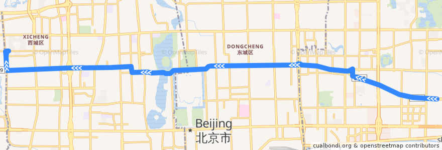 Mapa del recorrido Trolleybus 101: 红庙路口东 => 百万庄西口 de la línea  en Pekín.