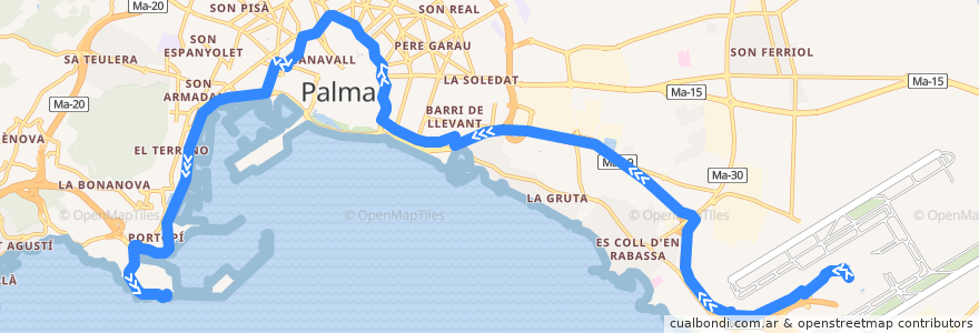 Mapa del recorrido Bus 1: Aeroport → Port (per Àrea de Serveis) de la línea  en پالما.