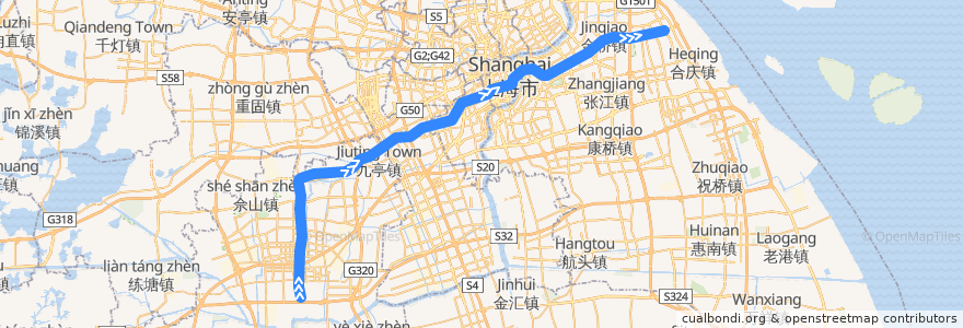 Mapa del recorrido Metro 9号线: 松江南站 → 曹路 de la línea  en Shanghái.