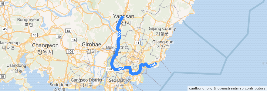 Mapa del recorrido 2호선 (Green Line) de la línea  en 釜山.