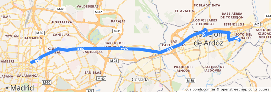 Mapa del recorrido Bus 226: Torrejón de Ardoz (Soto del Henares) → Madrid (Avenida de América) de la línea  en Comunidad de Madrid.
