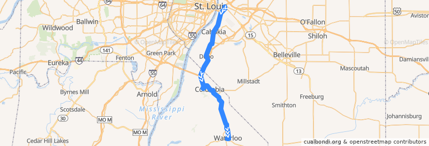 Mapa del recorrido MetroBus 2X Waterloo-Columbia (southbound PM) de la línea  en 일리노이.