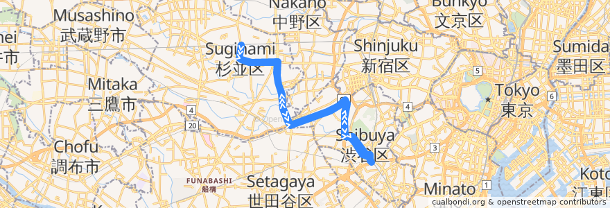 Mapa del recorrido 渋66 de la línea  en Tokyo.