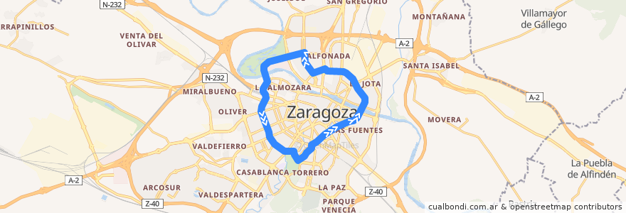Mapa del recorrido Bus Ci2: Circular 2 de la línea  en سرقسطة.