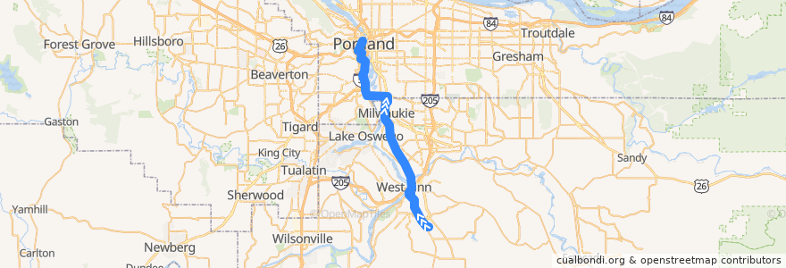 Mapa del recorrido Bus 99: Clackamas Community College => Portland de la línea  en 俄勒冈州/俄勒岡州.