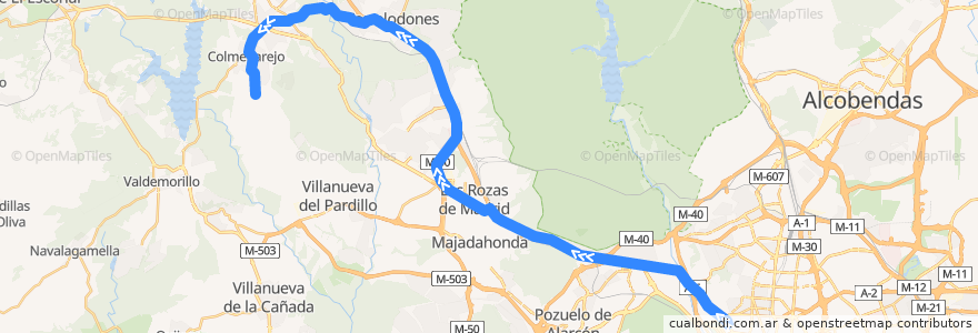Mapa del recorrido Bus 631 por Las Rozas: Madrid (Moncloa) → Las Rozas → Torrelodones (Colonia) → Galapagar → Colmenarejo de la línea  en Comunidad de Madrid.