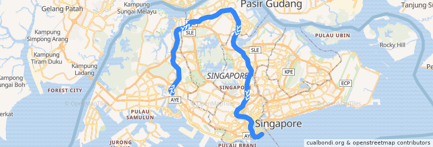 Mapa del recorrido MRT North-South Line (Jurong East --> Marina South Pier) de la línea  en سنگاپور.