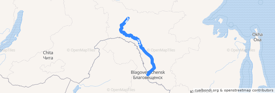 Mapa del recorrido Тында — Благовещенск de la línea  en Óblast de Amur.