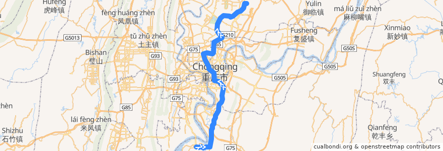 Mapa del recorrido CRT Line 3: 鱼洞 → 江北机场T2航站楼 de la línea  en 重慶市.