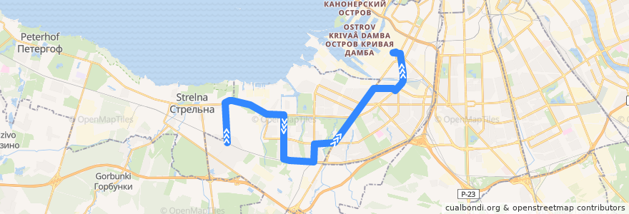 Mapa del recorrido Автобус № 229: ж/д станция Сергиево => Кировский завод de la línea  en サンクト ペテルブルク.