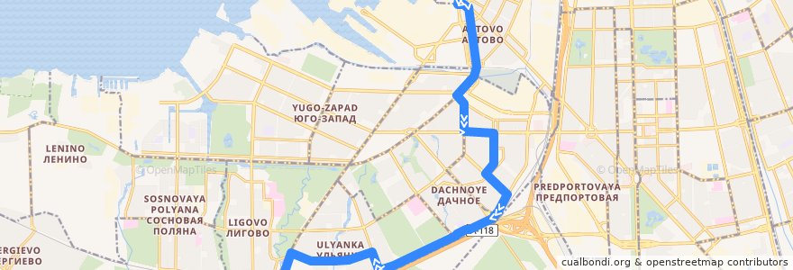 Mapa del recorrido Автобус № 18: Кировский завод => улица Стойкости de la línea  en San Petersburgo.