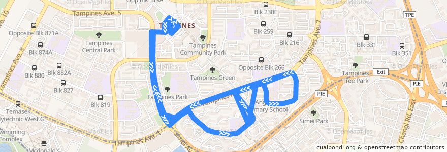 Mapa del recorrido Svc 292 (Tampines Interchange => Tampines Interchange) de la línea  en 싱가포르.