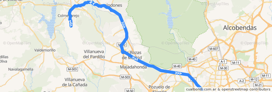 Mapa del recorrido Bus 631 por Las Rozas: Colmenarejo → Galapagar → Torrelodones (Colonia) → Las Rozas → Madrid (Moncloa) de la línea  en Comunidad de Madrid.