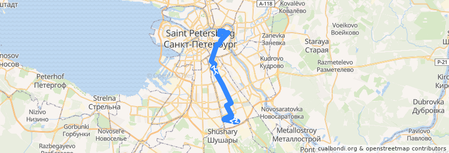 Mapa del recorrido Автобус № 54: Малая Балканская улица => Кирочная улица de la línea  en Санкт-Петербург.