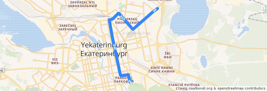 Mapa del recorrido Трамвай 20. ЦПКиО — Шарташ de la línea  en بلدية يكاترينبورغ.