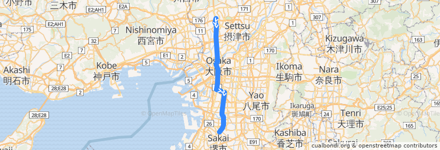 Mapa del recorrido 大阪市高速電気軌道御堂筋線 de la línea  en 오사카부.