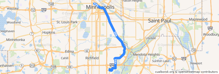 Mapa del recorrido Blue Line (Hiawatha) de la línea  en Hennepin County.
