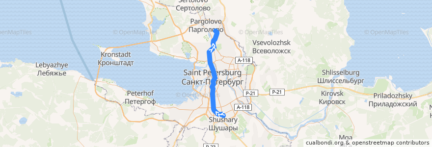 Mapa del recorrido Московско-Петроградская линия: Купчино — Парнас de la línea  en 상트페테르부르크.