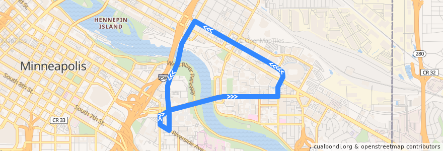 Mapa del recorrido Campus Shuttle 123 4th Street Circulator de la línea  en منيابولس.