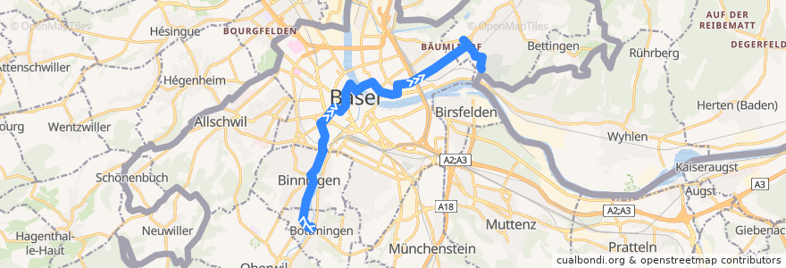 Mapa del recorrido Bus 34: Bottmingen Schloss => Friedhof am Hörnli (via Habermatten) de la línea  en مدينة بازل.