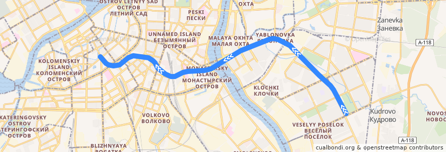 Mapa del recorrido Правобережная линия: Улица Дыбенко — Спасская de la línea  en São Petersburgo.