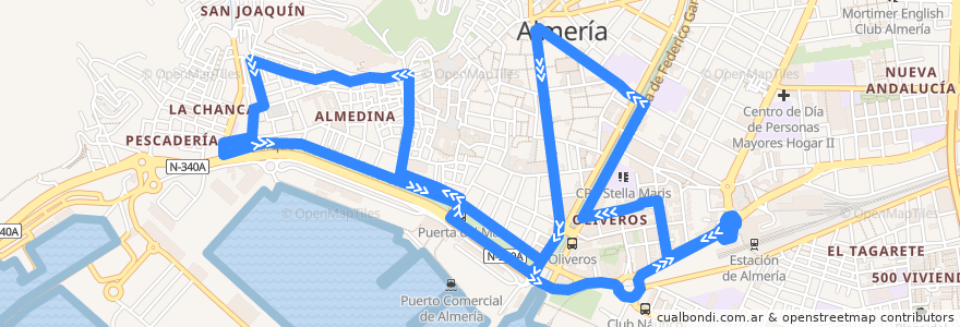 Mapa del recorrido L1 - Casco Histórico de la línea  en Almería.