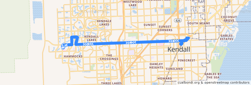 Mapa del recorrido MDT route 88 de la línea  en Condado de Miami-Dade.
