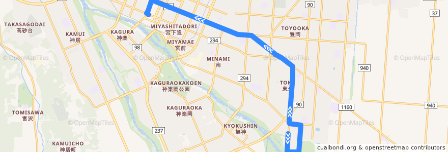 Mapa del recorrido [19]東光16条5丁目線 de la línea  en 旭川市.