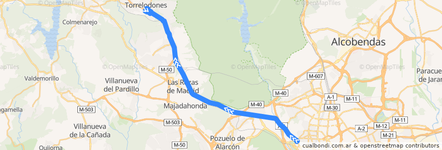 Mapa del recorrido Bus 613: Madrid (Moncloa) → Torrelodones (C.C.) de la línea  en Communauté de Madrid.