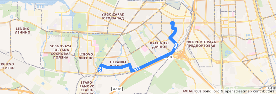 Mapa del recorrido Автобус № 18А: улица Стойкости => станция метро "Ленинский проспект" de la línea  en Saint Petersburg.