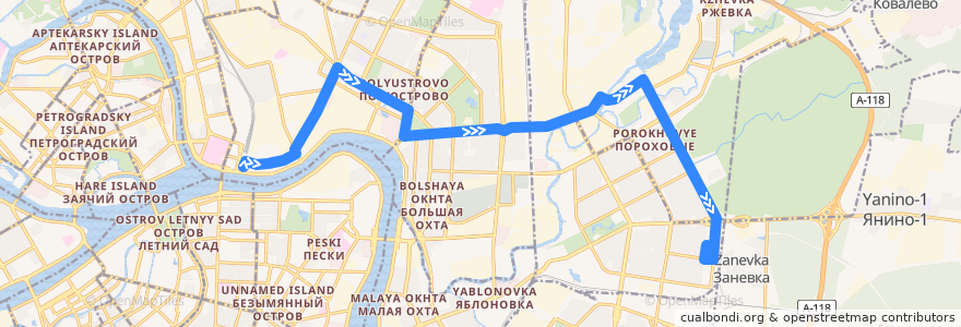 Mapa del recorrido Автобус № 37: Финляндский вокзал => Белорусская улица de la línea  en 圣彼得堡.