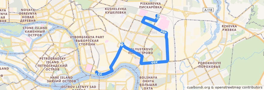 Mapa del recorrido Автобус № 106: Пискарёвка => Финляндский вокзал de la línea  en Saint Petersburg.