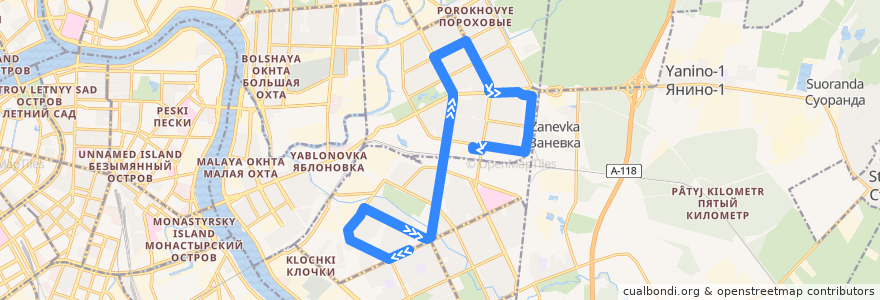 Mapa del recorrido Автобус № 169: станция метро «Проспект Большевиков» => Хасанская улица de la línea  en Санкт-Петербург.