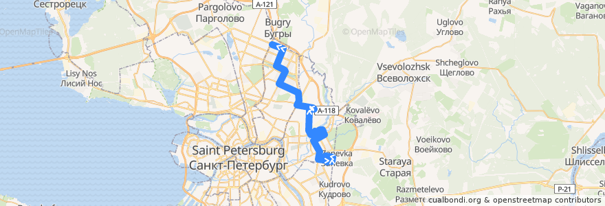 Mapa del recorrido Автобус № 153: Хасанская улица, гипермаркет «Лента» => проспект Культуры de la línea  en Санкт-Петербург.