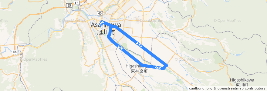 Mapa del recorrido [67]東川・東神楽循環線 de la línea  en Kamikawa Subprefecture.
