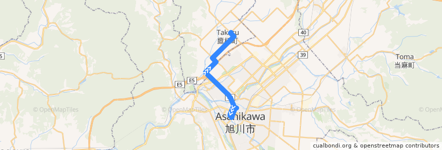 Mapa del recorrido [38]10線10号線（旭町・9線経由） de la línea  en Sottoprefettura di Kamikawa.