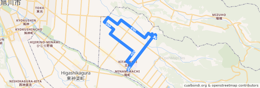 Mapa del recorrido 北忠別線 de la línea  en Higashikawa.