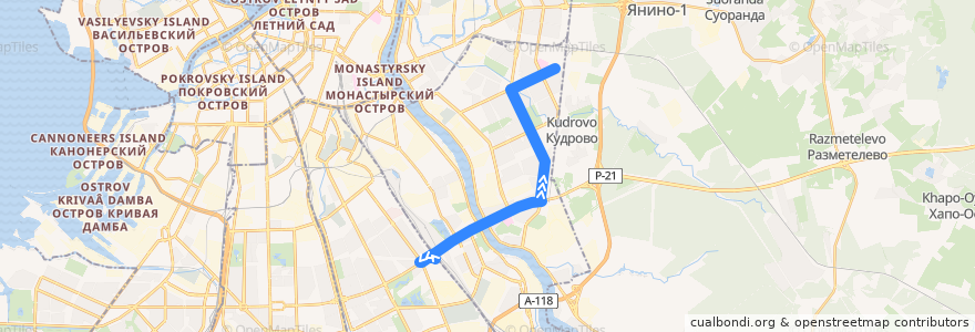 Mapa del recorrido Автобус № 140: ж/д станция «Сортировочная» => улица Коллонтай de la línea  en Невский район.