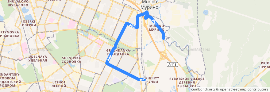 Mapa del recorrido Автобус № 177: железнодорожная станция «Ручьи» => деревня Новая de la línea  en Санкт-Петербург.