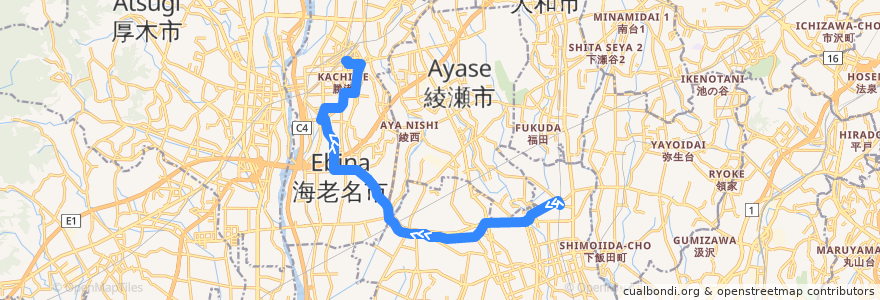 Mapa del recorrido 長16 厚木ナイロン経由 海老名駅行き de la línea  en Préfecture de Kanagawa.
