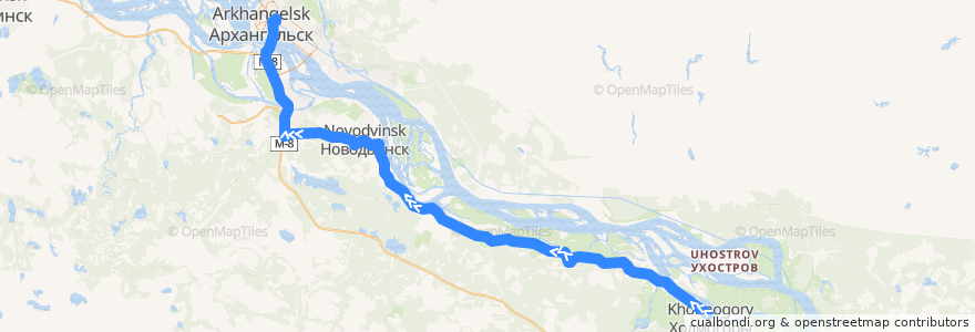 Mapa del recorrido Автобус 524: Холмогоры - Архангельск (автовокзал) de la línea  en Архангельская область.